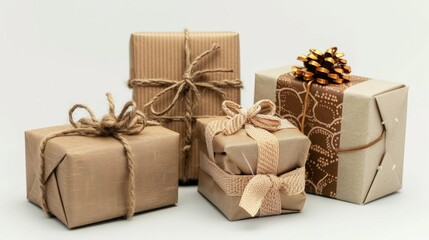 A group of three wrapped presents sitting next to each other. Perfect for holiday and celebration concepts