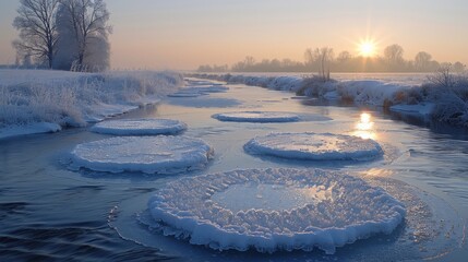 A delicate display of ice circles on a freezing river, the naturally occurring discs spinning slowly, their surfaces shimmering in silver and blue under a pale winter sun