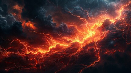 A dramatic display of volcanic lightning, with intense bolts of electricity striking around a fiery red and orange eruption, illuminating the ash-filled night sky - obrazy, fototapety, plakaty