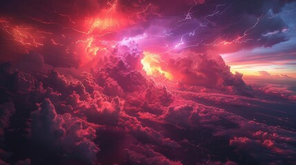 Obraz na płótnie Canvas A fiery sky during a rare red sprite lightning event, the sky lit up in shades of deep red and purple above storm clouds, providing a breathtaking view of this elusive phenomenon