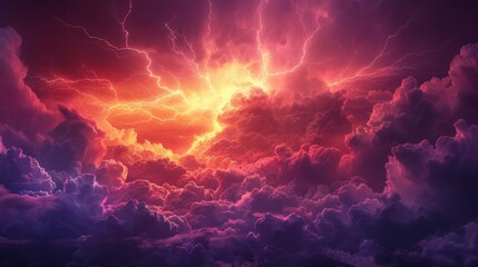 A fiery sky during a rare red sprite lightning event, the sky lit up in shades of deep red and purple above storm clouds, providing a breathtaking view of this elusive phenomenon