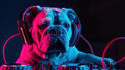Bulldog with headphones DJing on turntable