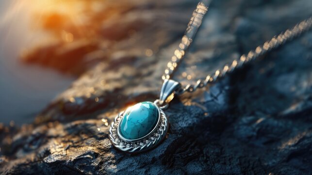 A beautiful turquoise stone necklace displayed on a rock. Perfect for jewelry or fashion concepts
