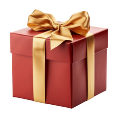 red gift box with gold ribbon isolated on transparent background cutout