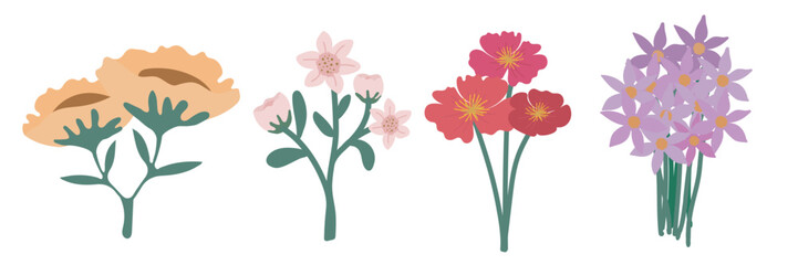 Set of flowers Botanical Garden Leaves, Bloom Petals Spring Flowers, Foliage Graphic Illustration Clipart Set