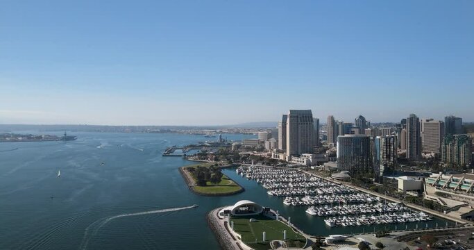 Embarcadero Marina Park Along San Diego Bay With The Rady Shell at Jacobs Park In California, USA. - aerial shot