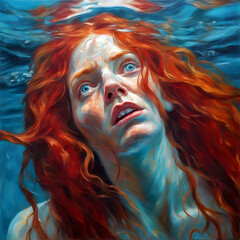 Portrait of a Woman Underwater in an Oil Painting Style