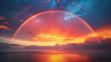 The phenomenon of a double rainbow arching majestically across a rainy sky, with vivid bands of red, orange, yellow, green, blue, indigo, and violet set against dark storm clouds - obrazy, fototapety, plakaty