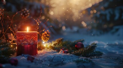 A lit candle on snowy ground. Suitable for winter and holiday themes