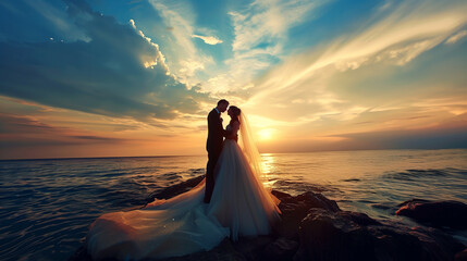 Fototapeta na wymiar beautiful, wedding couple on the beach at sunset