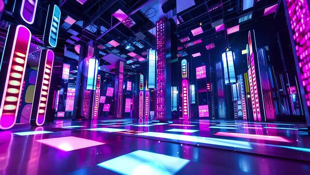 technology innovation background. augmented reality theme park ballroom within a future. seamless looping overlay 4k virtual video animation background