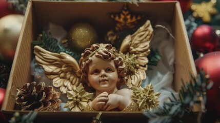 A Christmas angel surrounded by festive ornaments, perfect for holiday designs