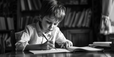A young boy sitting at a table writing. Suitable for educational or school-related concepts - obrazy, fototapety, plakaty
