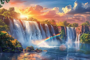 Majestic waterfall in a lush forest, rainbow appearing in the mist - obrazy, fototapety, plakaty