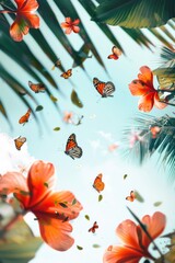 Colorful butterflies flying over blooming flowers. Suitable for nature and spring themed designs