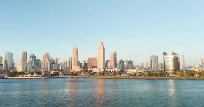 San Diego Skyline Downtown View From The Ocean In California, USA - Drone Shot