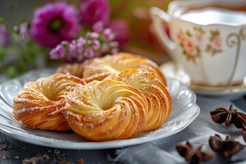 A plate of pastries on a table with a cup of coffee. Ideal for food and beverage concepts