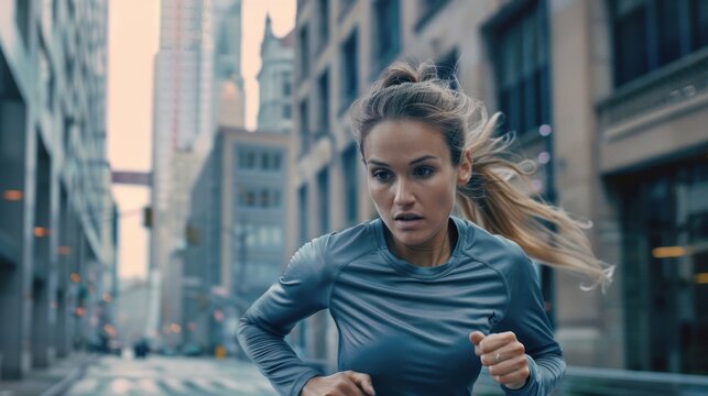 A woman in workout clothes is running in the city.