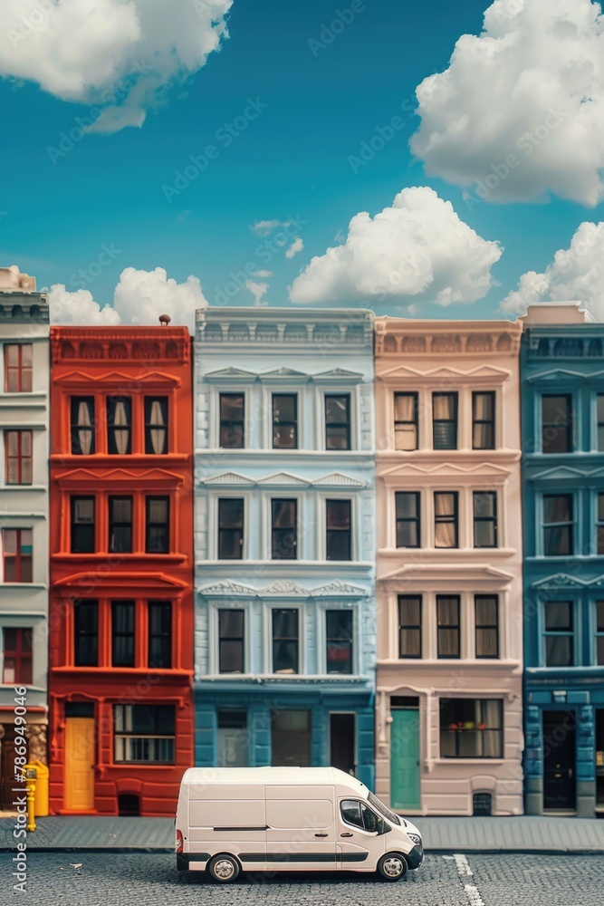 Poster A van parked in front of a row of multicolored buildings, suitable for urban and travel themes