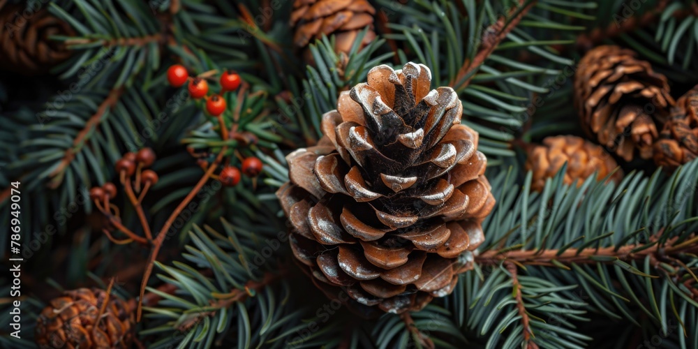 Poster close up of a pine cone on a tree, suitable for nature themes