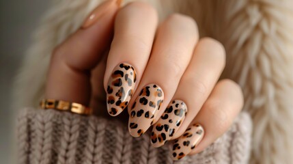 Woman's nails are polished in a beige color with a leopard pattern created using gel polish or shellac.