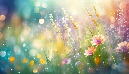 Vibrant and bokeh-filled image showcasing wildflowers in a spring meadow - obrazy, fototapety, plakaty