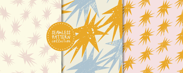 Fototapeta na wymiar Set with seamless patterns with stars with different textures. Vector prints, designs, backgrounds