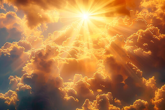 display of white and golden clouds with sunbeams breaking through