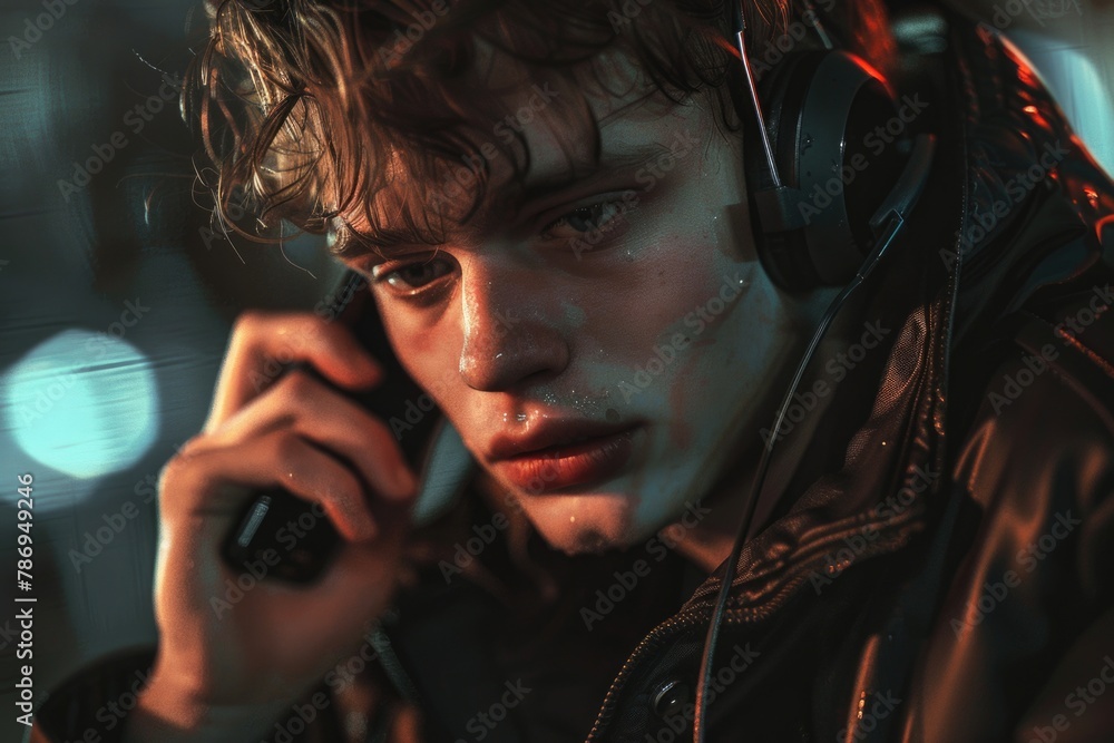 Poster Close up of a person talking on a cell phone, suitable for communication concepts