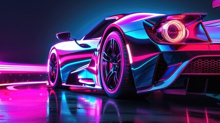 Futuristic neon-lit supercar in vivid colors - obrazy, fototapety, plakaty