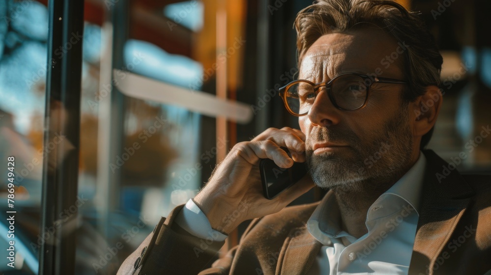 Aufkleber man with glasses talking on a cell phone. suitable for business and communication concepts