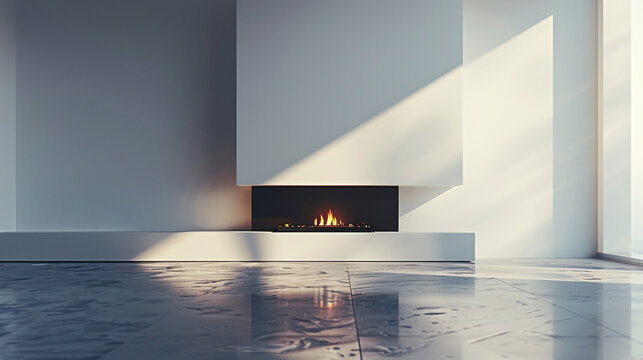 The soft glow of a sleek, modern fireplace casting shadows in an empty, elegant room with clean lines.