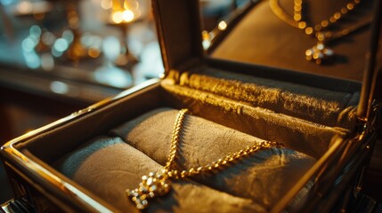 A gold jewelry box with a stunning necklace inside. Perfect for luxury and fashion concepts - obrazy, fototapety, plakaty