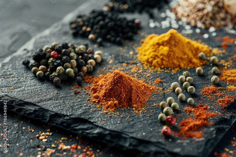 Poster various spices displayed on a slate board, perfect for culinary projects