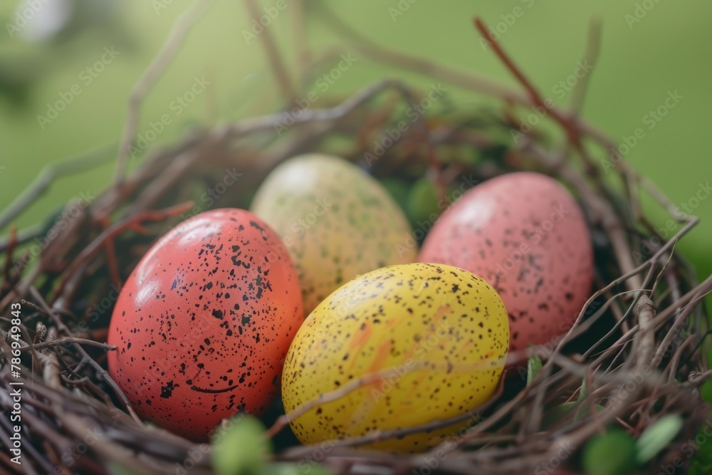 Poster three eggs in a nest on a table. suitable for farm or breakfast concept