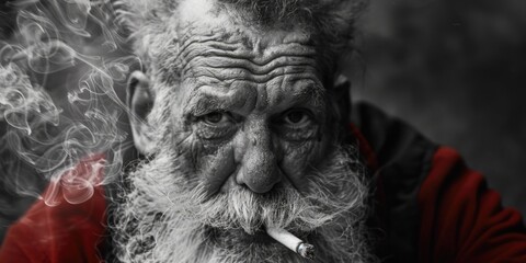 Black and white image of an old man smoking, suitable for various projects