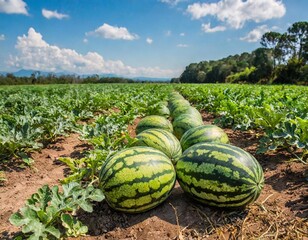 Fresh watermelons lined up in sunlit field