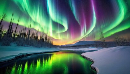 Visualize the aurora borealis as a grand ballet of light in the night sky - obrazy, fototapety, plakaty