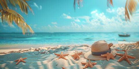 Fototapeta na wymiar Summer beach photo with sand, sea, hat, star shells on blue sky background. Beach holiday concept. Copy space for text