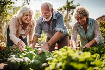  senior people in the garden harvesting tomatoes and vegetables © tetxu