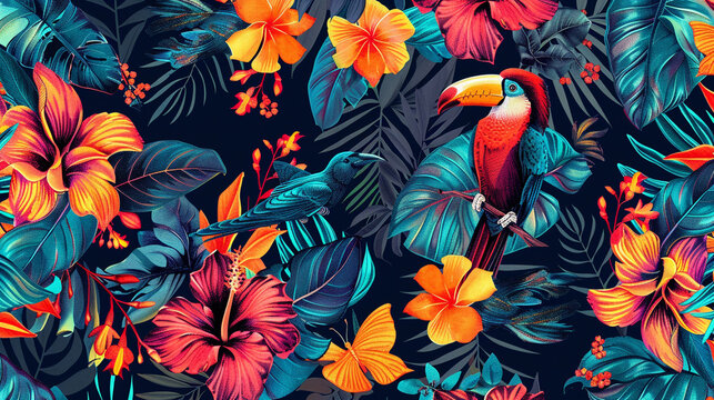 Seamless pattern background influenced by the organic forms and vibrant colors of tropical rainforests with colourful birds and flowers