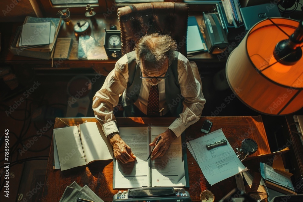 Poster a man sitting at a desk with papers and a calculator. suitable for business and finance concepts