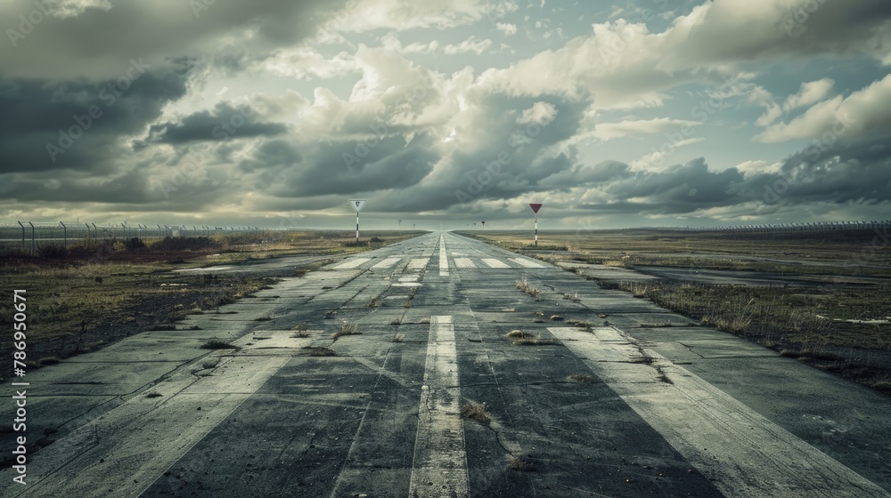 Poster An empty runway with a cloudy sky in the background. Suitable for aviation concepts