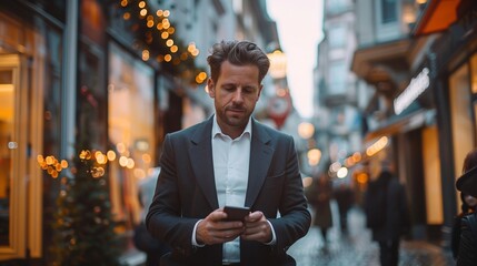 Man walking on the street while texting in the smart phone