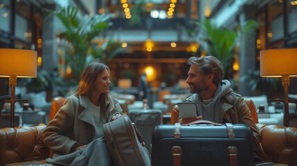 Man and woman in a conference lobby at the airport - 786950642