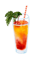 Orange and red summer drink cocktail with mint and straw, vector watercolor image, hand made not AI