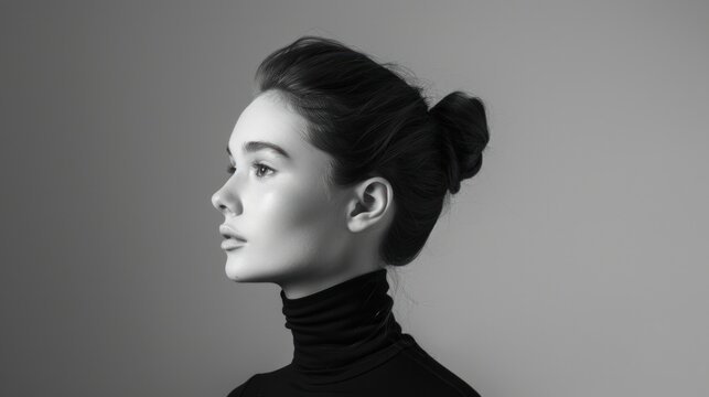 Elegant woman in a black turtleneck, her hair pulled up in a high bun. The photo is taken in a black and white art studio, conveying a sense of grace and poise.