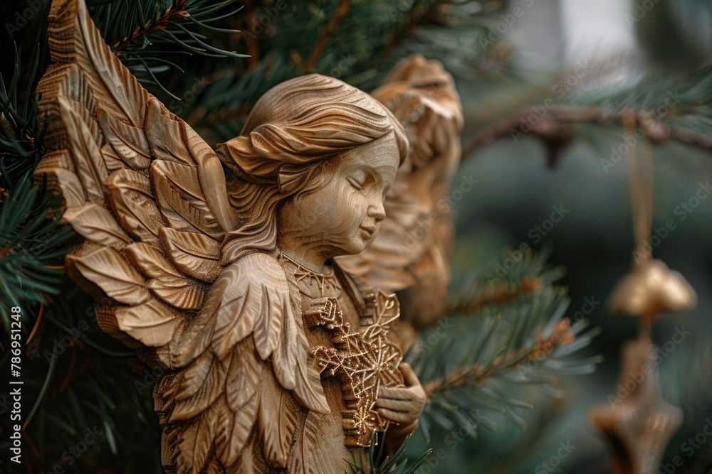 Poster close up of an angel statue on a tree. suitable for religious and memorial themes