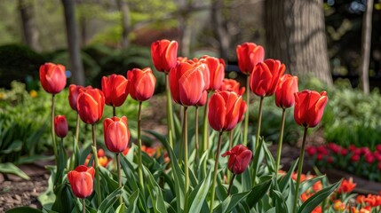 Group of red tulips in the park during spring