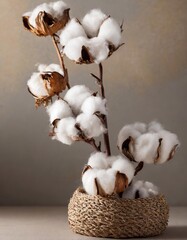 Elegant cotton branches in woven basket